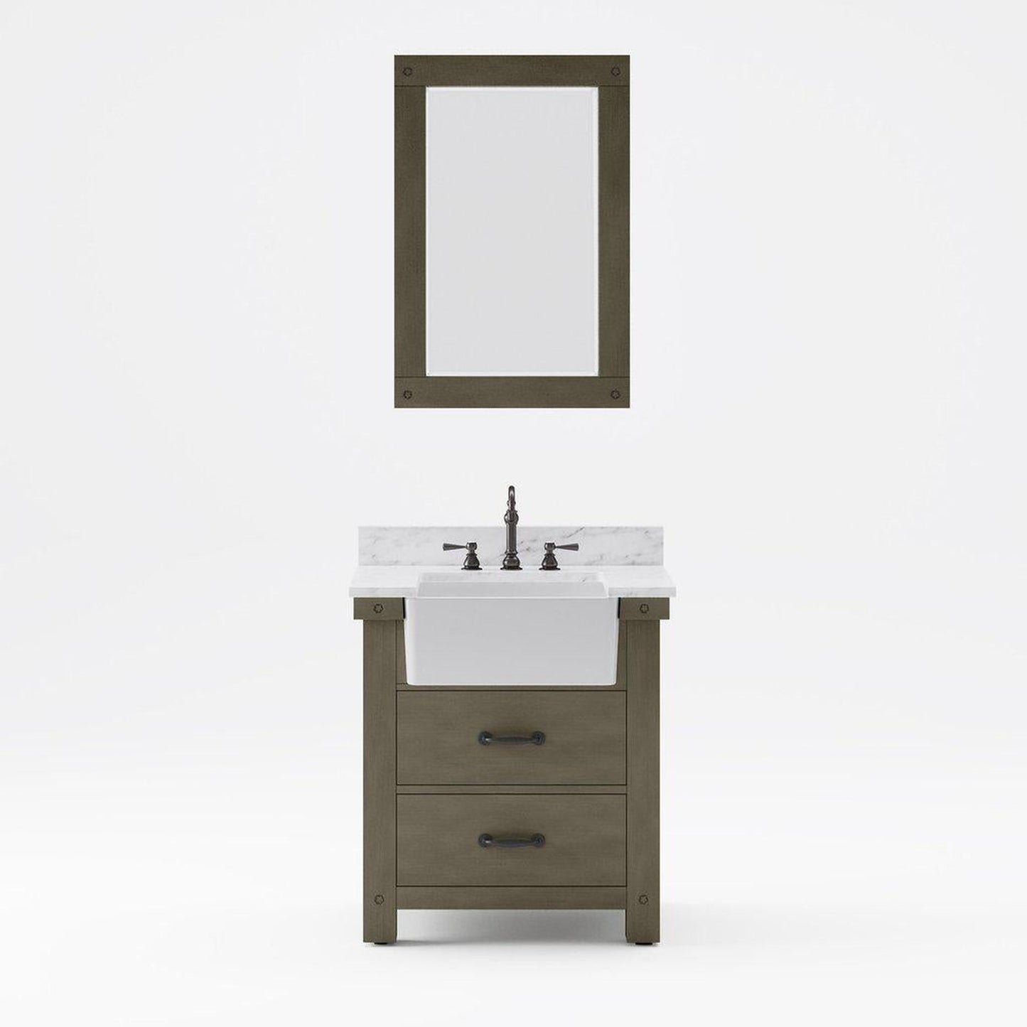 Water Creation Paisley 30" Single Sink Carrara White Marble Countertop Vanity in Grizzle Gray with Hook Faucet and 24" Rectangular Mirror