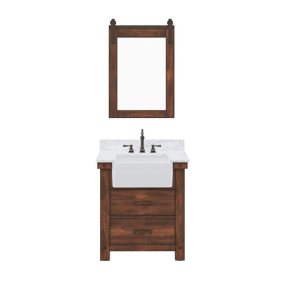 Water Creation Paisley 30" Single Sink Carrara White Marble Countertop Vanity in Rustic Sienna With Hook Faucet with 24" Farmhouse Mirror