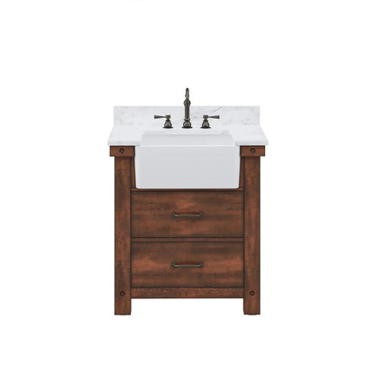 Water Creation Paisley 30" Single Sink Carrara White Marble Countertop Vanity in Rustic Sienna With Hook Faucet with 24" Farmhouse Mirror