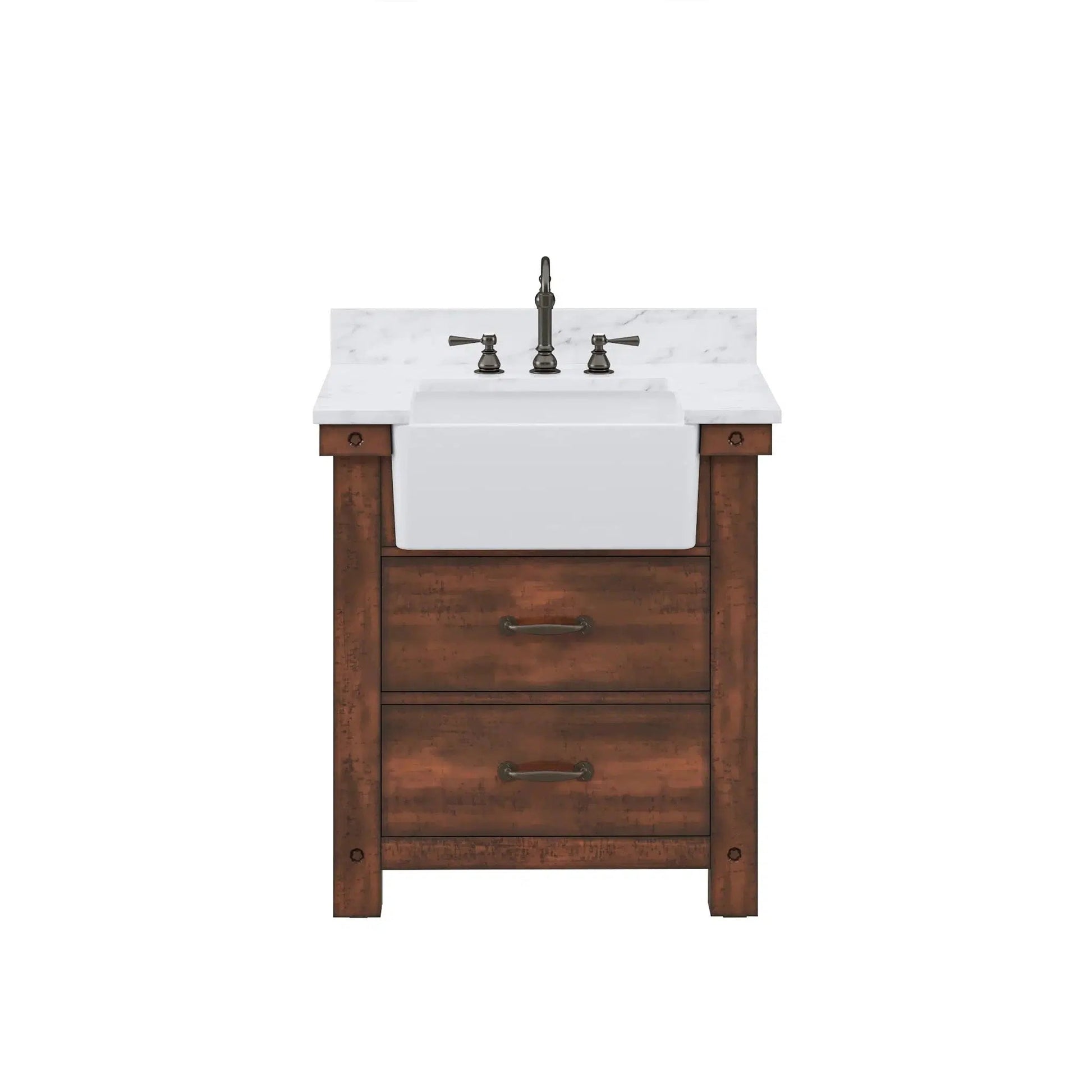 Water Creation Paisley 30" Single Sink Carrara White Marble Countertop Vanity in Rustic Sienna With Hook Faucet with 24" Rectangular Mirror
