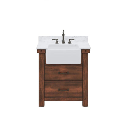 Water Creation Paisley 30" Single Sink Carrara White Marble Countertop Vanity in Rustic Sienna With Hook Faucet with 24" Rectangular Mirror