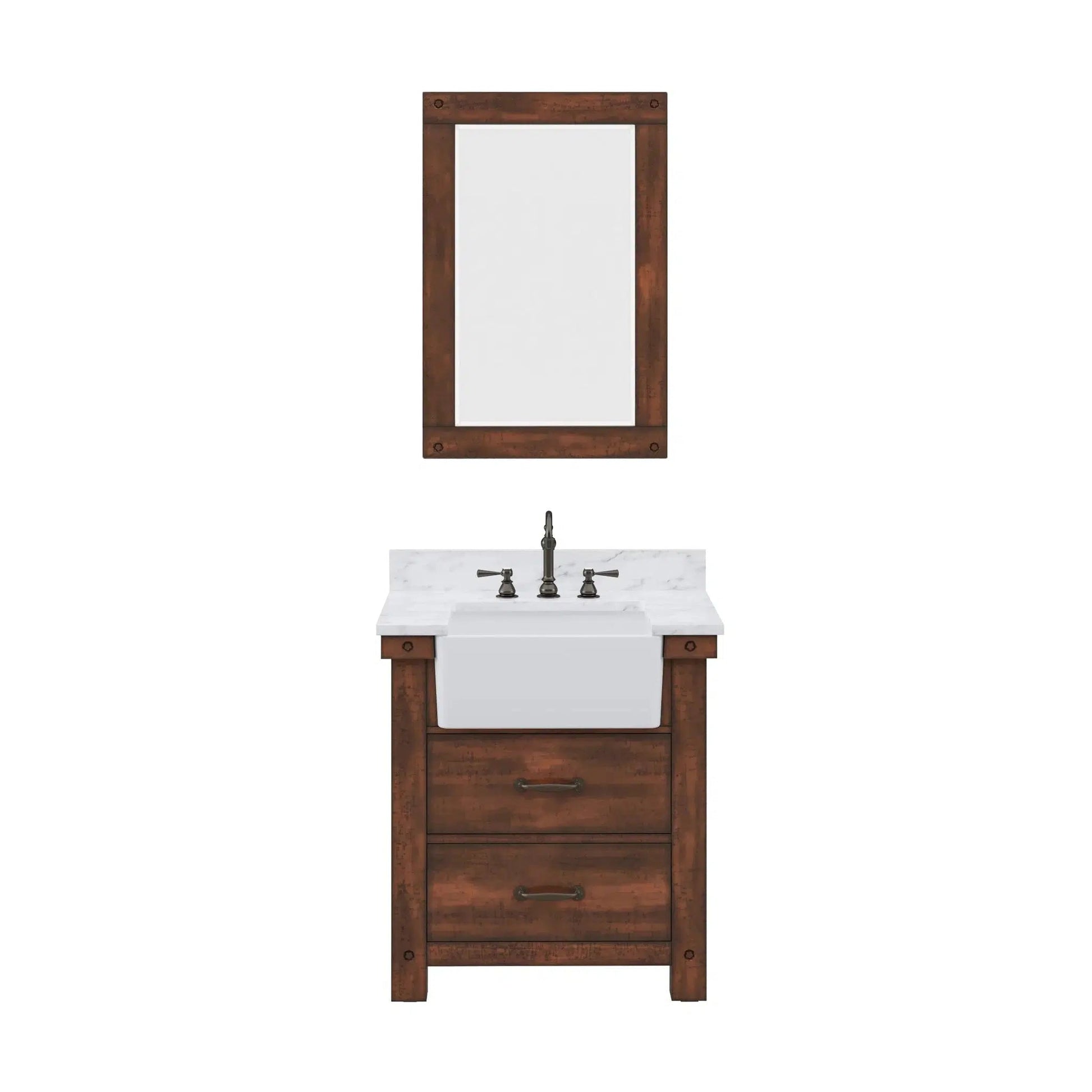 Water Creation Paisley 30" Single Sink Carrara White Marble Countertop Vanity in Rustic Sienna With Hook Faucet with 24" Rectangular Mirror