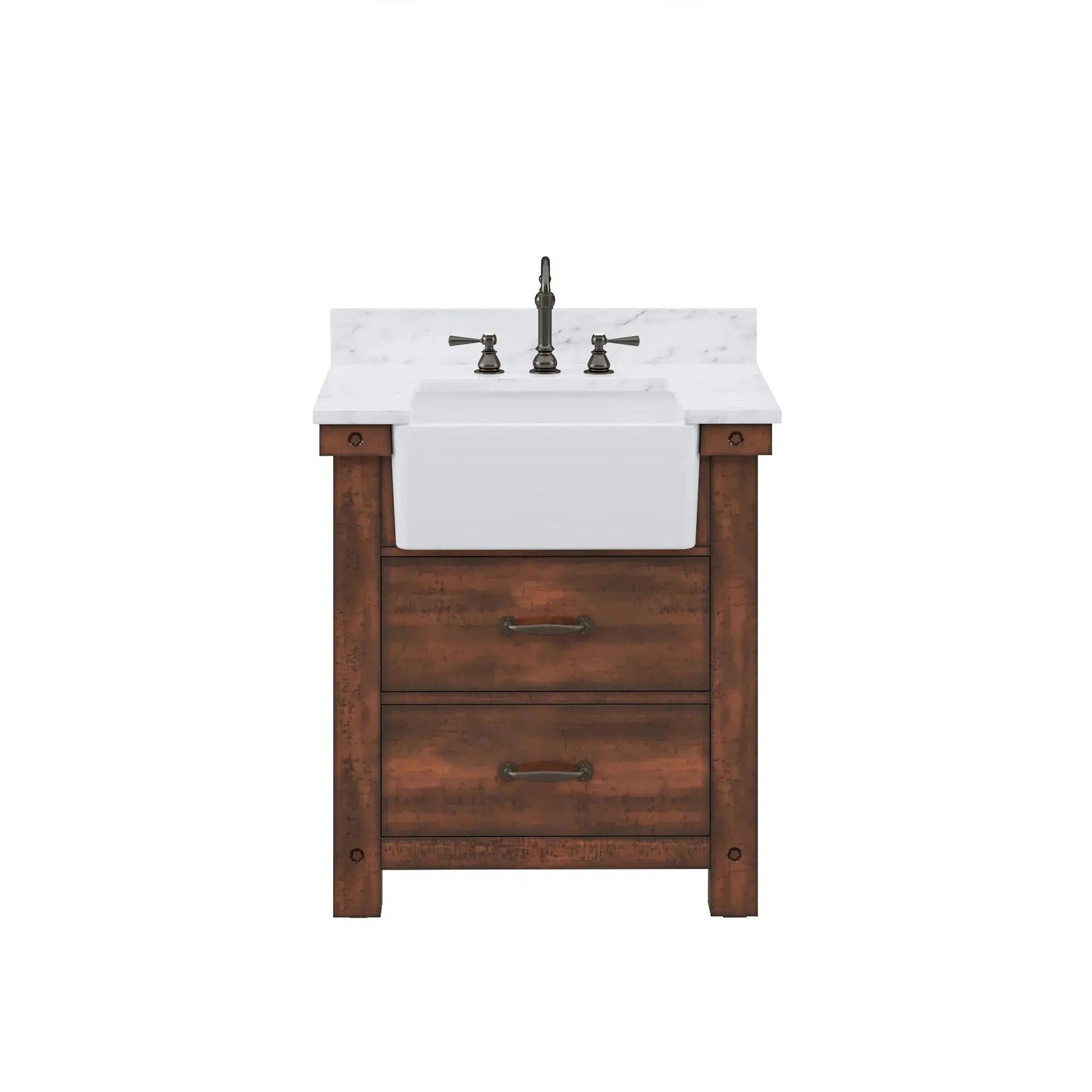 Water Creation Paisley 30" Single Sink Carrara White Marble Countertop Vanity in Rustic Sienna With Hook Faucet