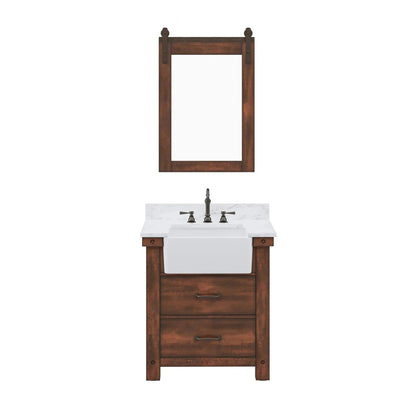 Water Creation Paisley 30" Single Sink Carrara White Marble Countertop Vanity in Rustic Sienna with 24" Farmhouse Mirror
