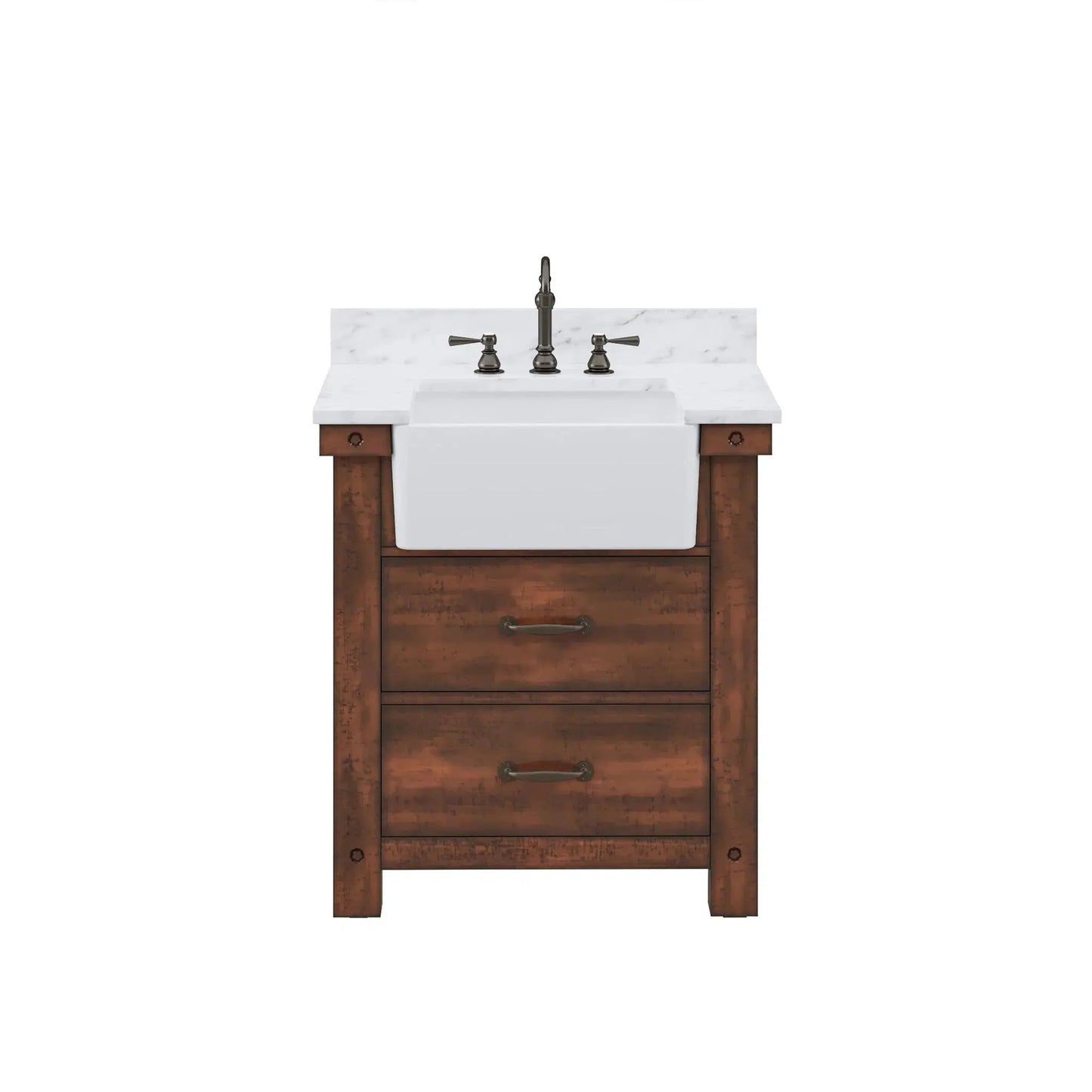 Water Creation Paisley 30" Single Sink Carrara White Marble Countertop Vanity in Rustic Sienna with 24" Rectangular Mirror