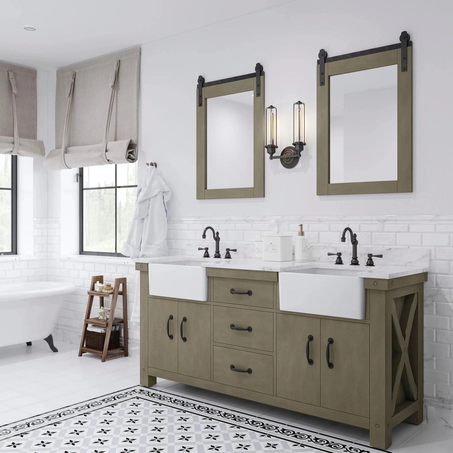 Water Creation Paisley 72" Double Sink Carrara White Marble Countertop Vanity in Grizzle Gray with 24" Farmhouse Mirror