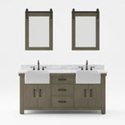 Water Creation Paisley 72" Double Sink Carrara White Marble Countertop Vanity in Grizzle Gray with 24" Farmhouse Mirror