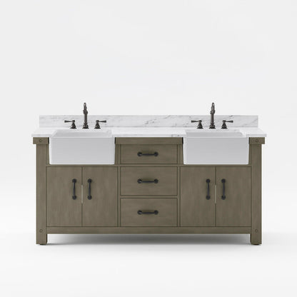Water Creation Paisley 72" Double Sink Carrara White Marble Countertop Vanity in Grizzle Gray with 24" Farmhouse Mirror