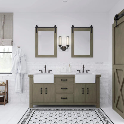 Water Creation Paisley 72" Double Sink Carrara White Marble Countertop Vanity in Grizzle Gray with 24" Farmhouse Mirror