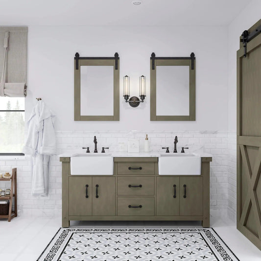 Water Creation Paisley 72" Double Sink Carrara White Marble Countertop Vanity in Grizzle Gray with 24" Farmhouse Mirror