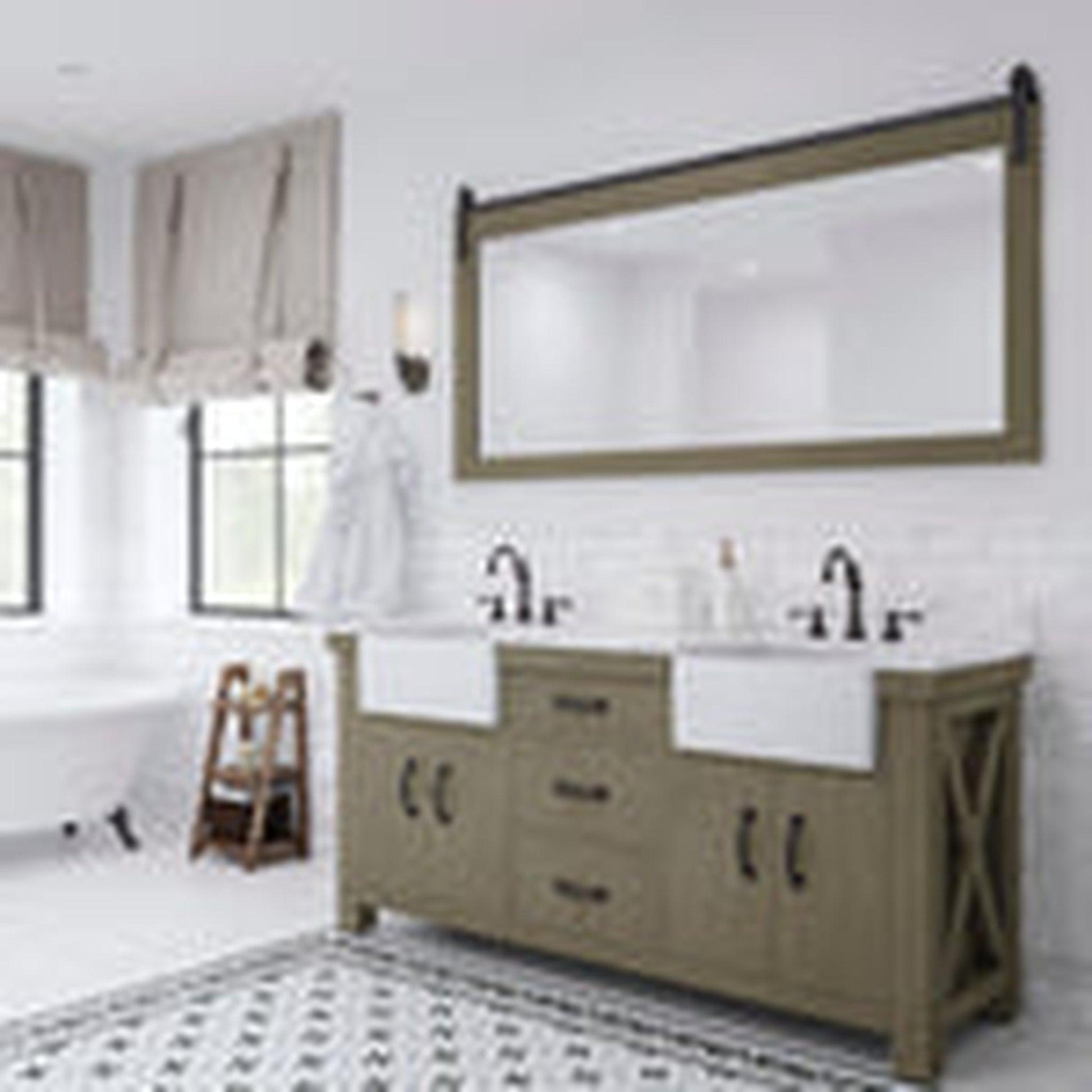 Water Creation Paisley 72" Double Sink Carrara White Marble Countertop Vanity in Grizzle Gray with 72" Farmhouse Mirror