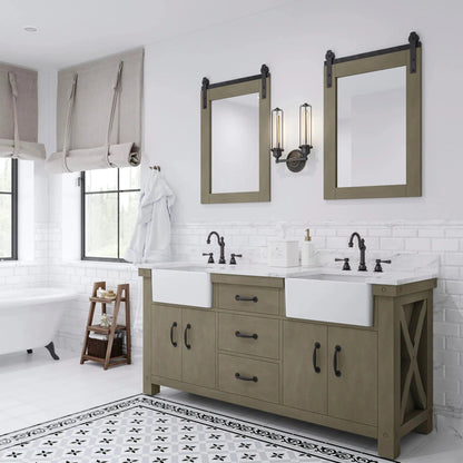 Water Creation Paisley 72" Double Sink Carrara White Marble Countertop Vanity in Grizzle Gray with Hook Faucet and 24" Farmhouse Mirror