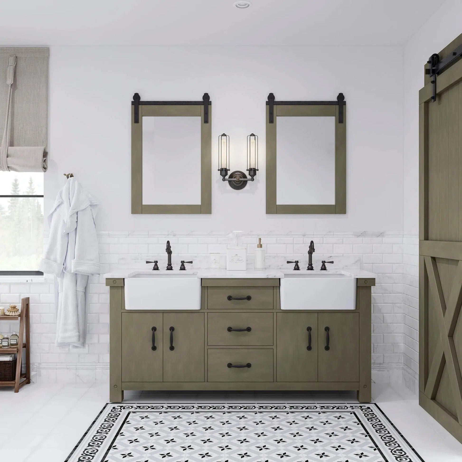 Water Creation Paisley 72" Double Sink Carrara White Marble Countertop Vanity in Grizzle Gray with Hook Faucet and 24" Farmhouse Mirror