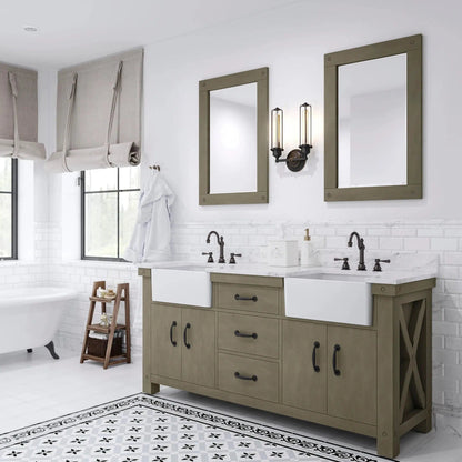 Water Creation Paisley 72" Double Sink Carrara White Marble Countertop Vanity in Grizzle Gray with Hook Faucet and 24" Rectangular Mirror