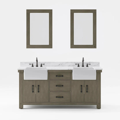 Water Creation Paisley 72" Double Sink Carrara White Marble Countertop Vanity in Grizzle Gray with Hook Faucet and 24" Rectangular Mirror