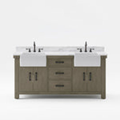 Water Creation Paisley 72" Double Sink Carrara White Marble Countertop Vanity in Grizzle Gray with Hook Faucet and 24" Rectangular Mirror