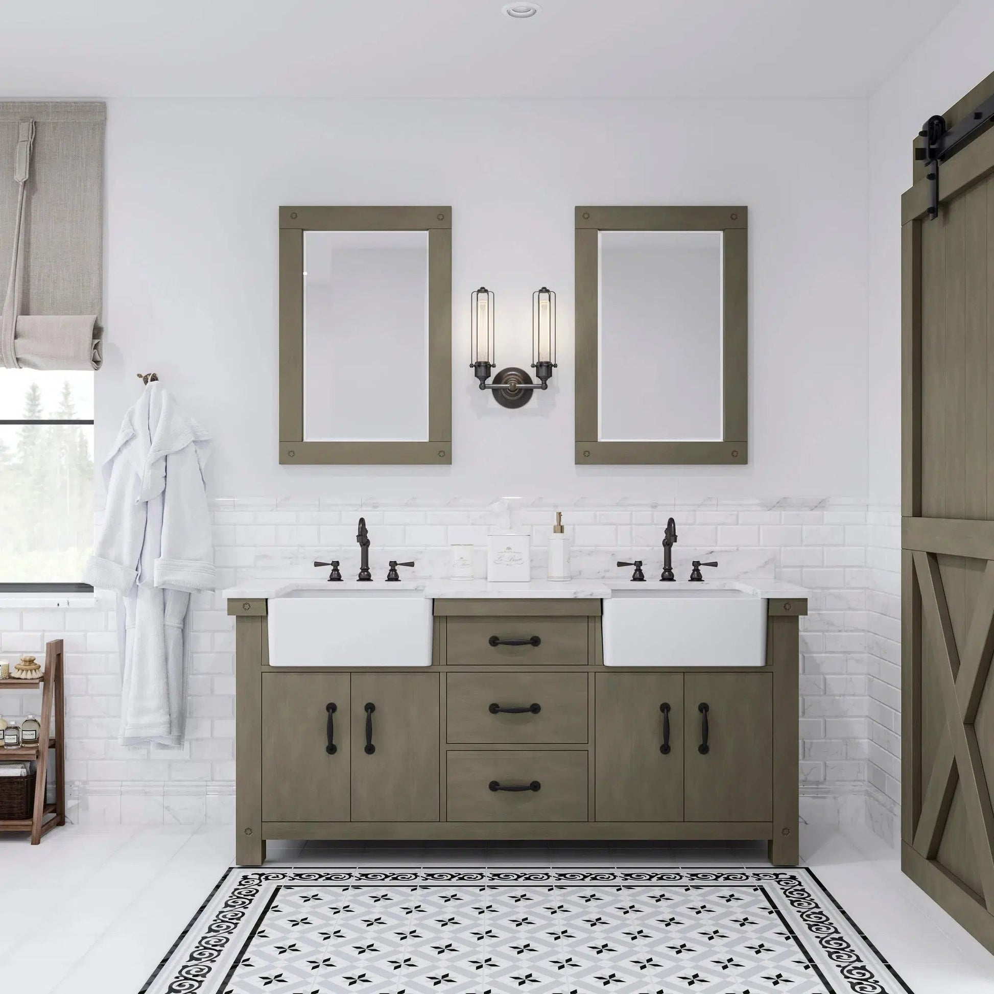 Water Creation Paisley 72" Double Sink Carrara White Marble Countertop Vanity in Grizzle Gray with Hook Faucet and 24" Rectangular Mirror