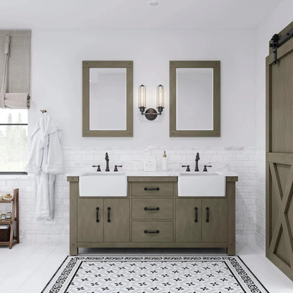 Water Creation Paisley 72" Double Sink Carrara White Marble Countertop Vanity in Grizzle Gray with Hook Faucet and 24" Rectangular Mirror