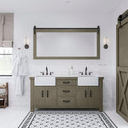 Water Creation Paisley 72" Double Sink Carrara White Marble Countertop Vanity in Grizzle Gray with Hook Faucet and 72" Farmhouse Mirror