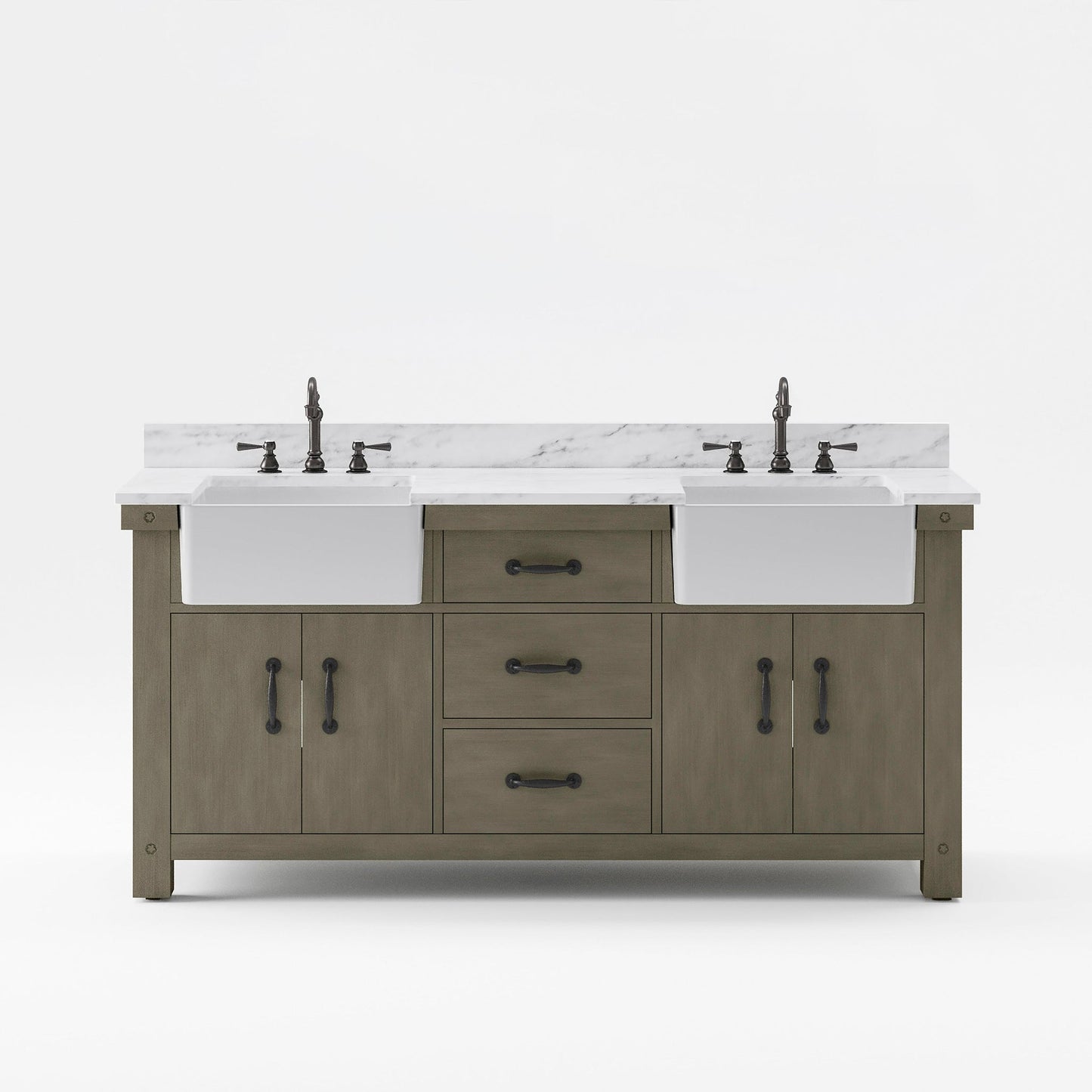 Water Creation Paisley 72" Double Sink Carrara White Marble Countertop Vanity in Grizzle Gray with Hook Faucet