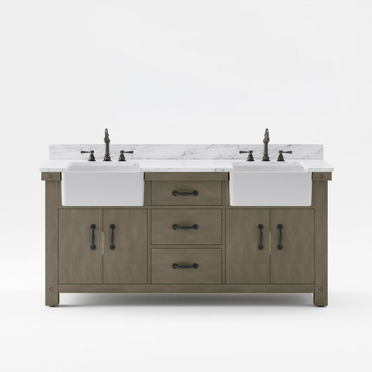 Water Creation Paisley 72" Double Sink Carrara White Marble Countertop Vanity in Grizzle Gray with Hook Faucet