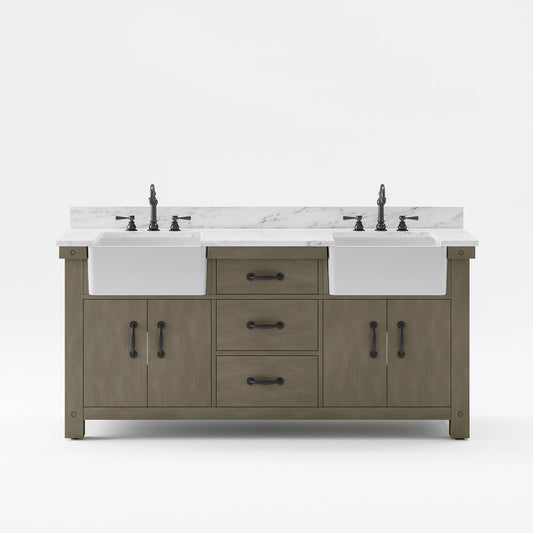 Water Creation Paisley 72" Double Sink Carrara White Marble Countertop Vanity in Grizzle Gray