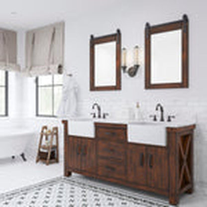 Water Creation Paisley 72" Double Sink Carrara White Marble Countertop Vanity in Rustic Sienna with 24" Farmhouse Mirror