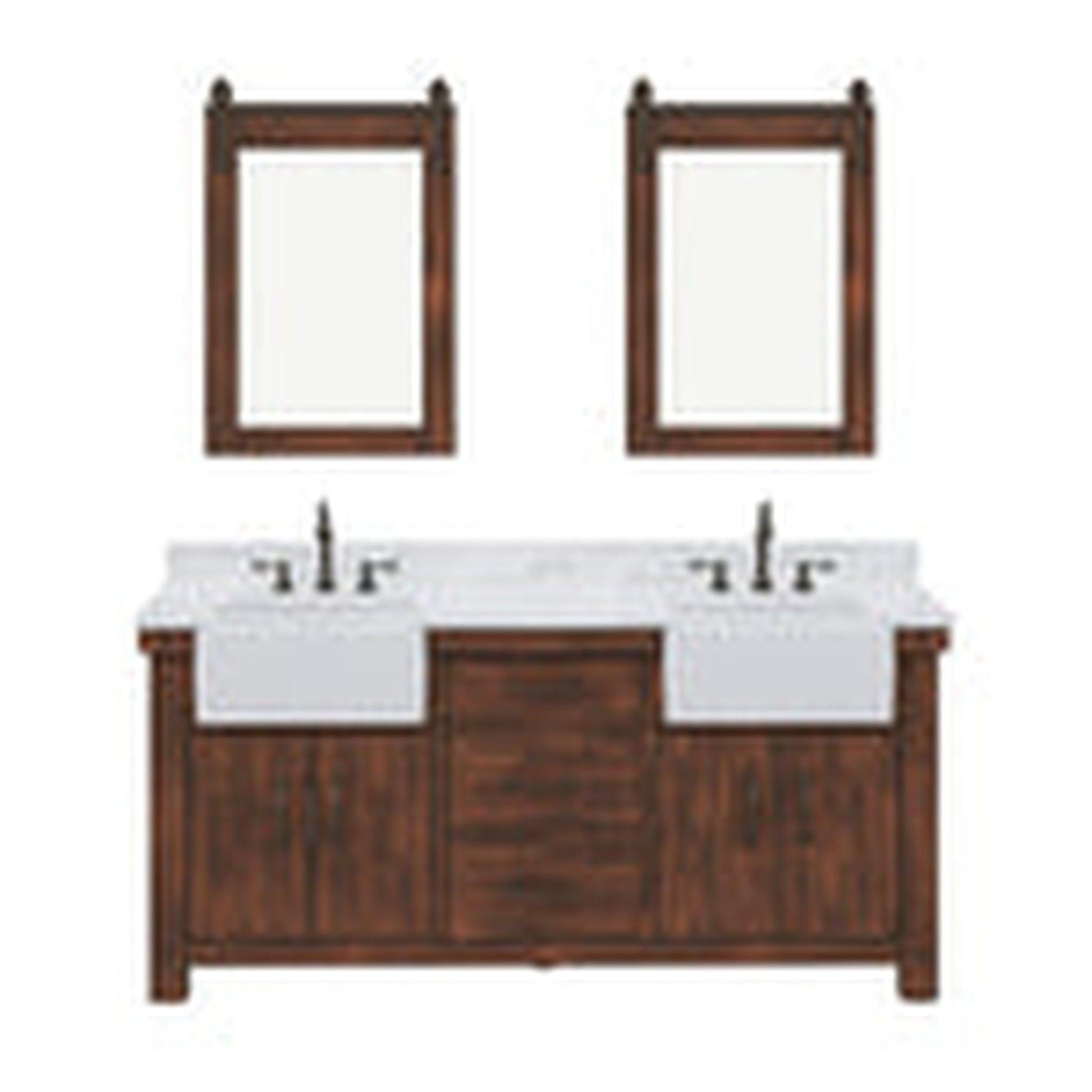 Water Creation Paisley 72" Double Sink Carrara White Marble Countertop Vanity in Rustic Sienna with 24" Farmhouse Mirror