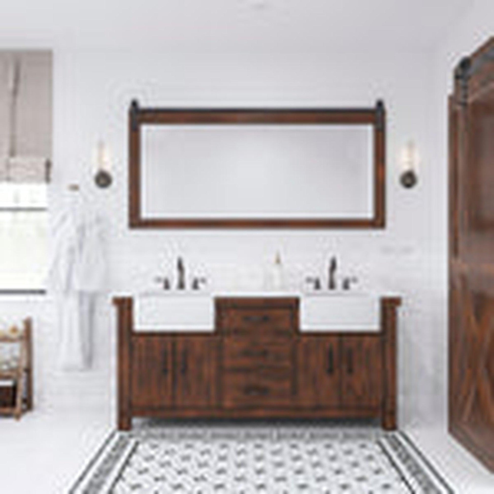 Water Creation Paisley 72" Double Sink Carrara White Marble Countertop Vanity in Rustic Sienna with 72" Farmhouse Mirror