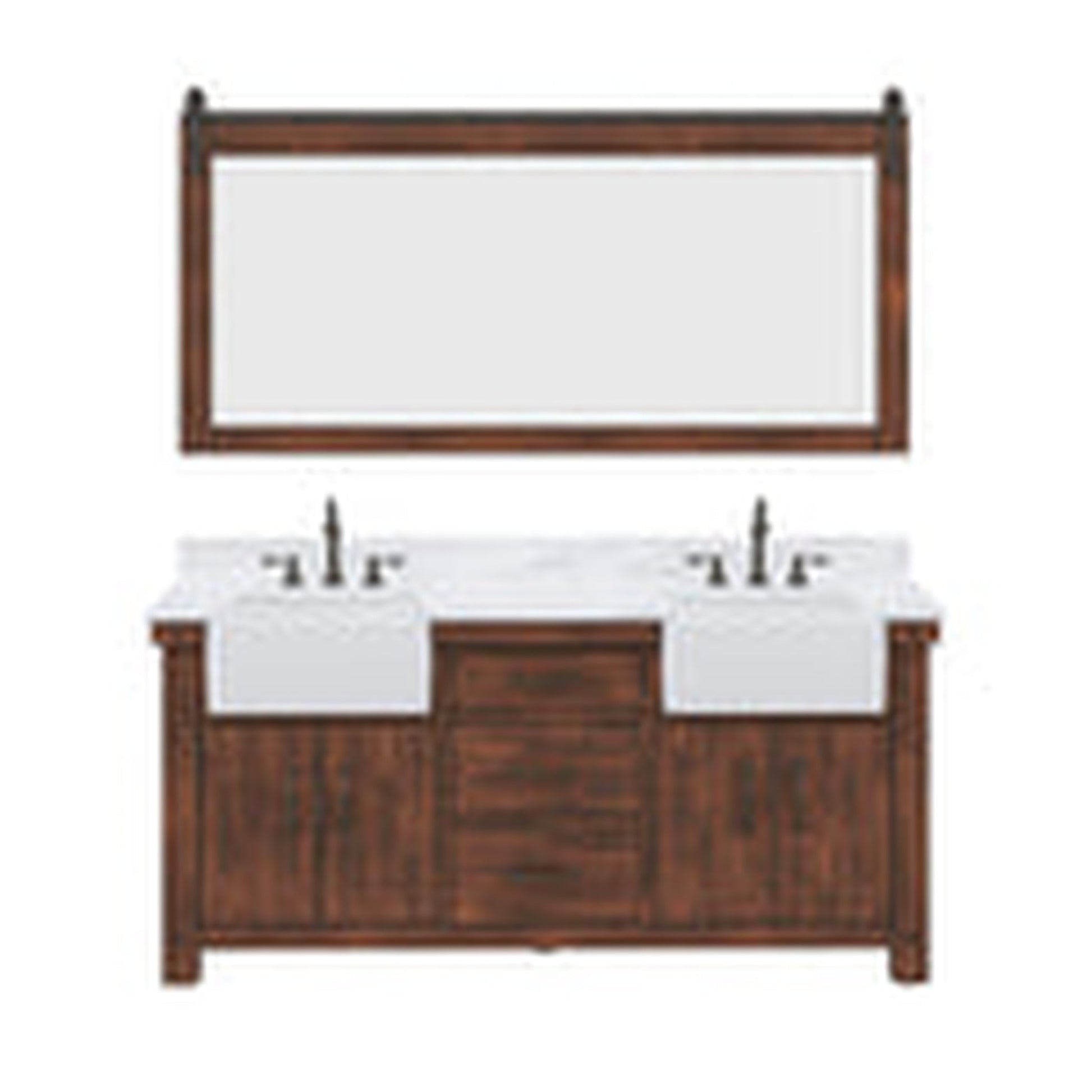 Water Creation Paisley 72" Double Sink Carrara White Marble Countertop Vanity in Rustic Sienna with 72" Farmhouse Mirror