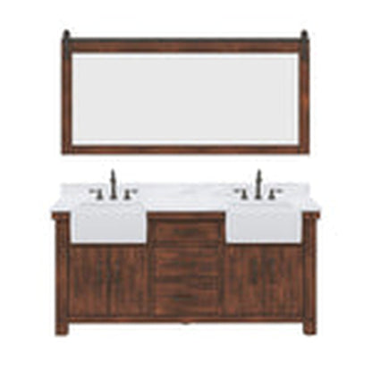 Water Creation Paisley 72" Double Sink Carrara White Marble Countertop Vanity in Rustic Sienna with 72" Farmhouse Mirror