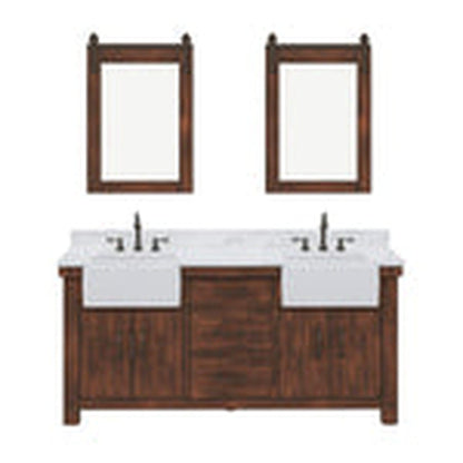 Water Creation Paisley 72" Double Sink Carrara White Marble Countertop Vanity in Rustic Sienna with Hook Faucet and 24" Farmhouse Mirror