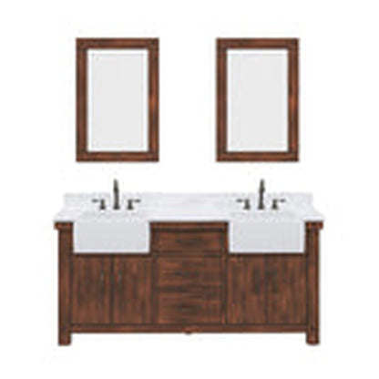 Water Creation Paisley 72" Double Sink Carrara White Marble Countertop Vanity in Rustic Sienna with Hook Faucet and 24" Rectangular Mirror