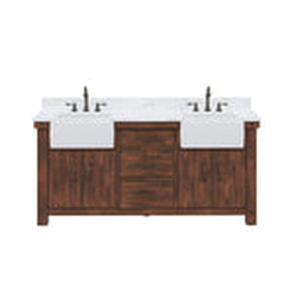 Water Creation Paisley 72" Double Sink Carrara White Marble Countertop Vanity in Rustic Sienna with Hook Faucet and 24" Rectangular Mirror