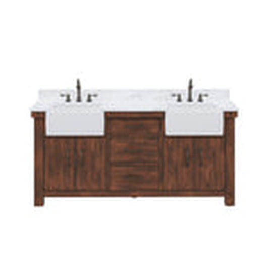 Water Creation Paisley 72" Double Sink Carrara White Marble Countertop Vanity in Rustic Sienna with Hook Faucet