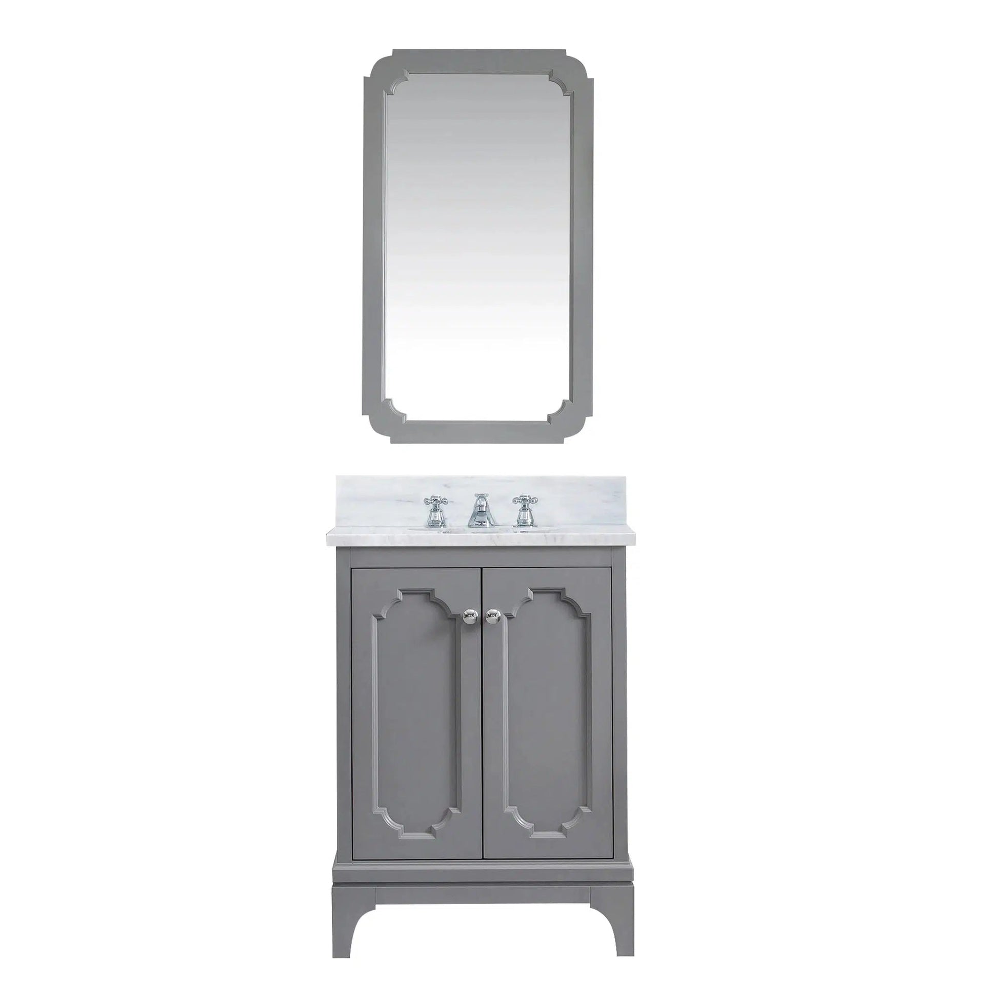 Water Creation Queen 24" Single Sink Carrara White Marble Countertop Vanity in Cashmere Grey with Classic Faucet and Mirror