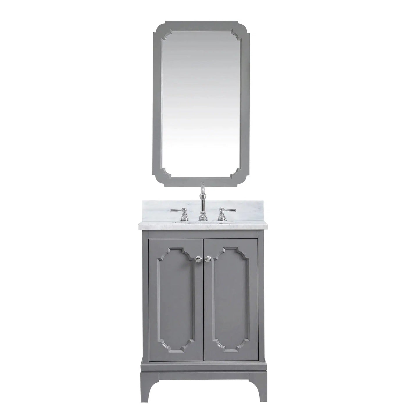 Water Creation Queen 24" Single Sink Carrara White Marble Countertop Vanity in Cashmere Grey with Hook Faucet and Mirror