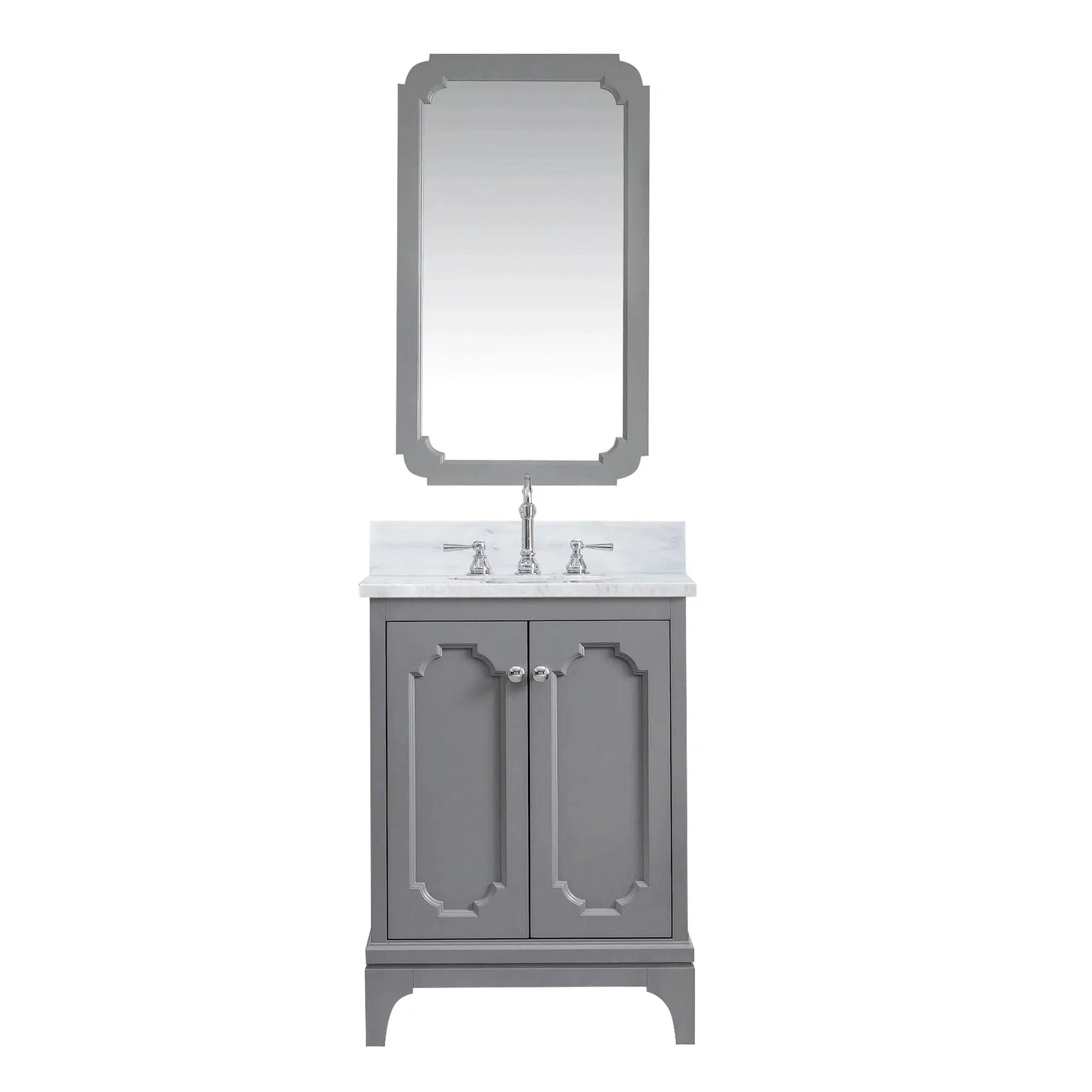 Water Creation Queen 24" Single Sink Carrara White Marble Countertop Vanity in Cashmere Grey with Hook Faucet and Mirror
