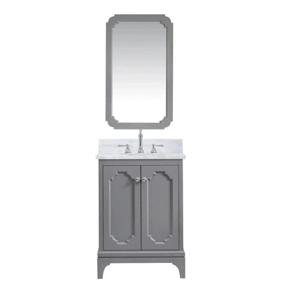 Water Creation Queen 24" Single Sink Carrara White Marble Countertop Vanity in Cashmere Grey with Hook Faucet and Mirror