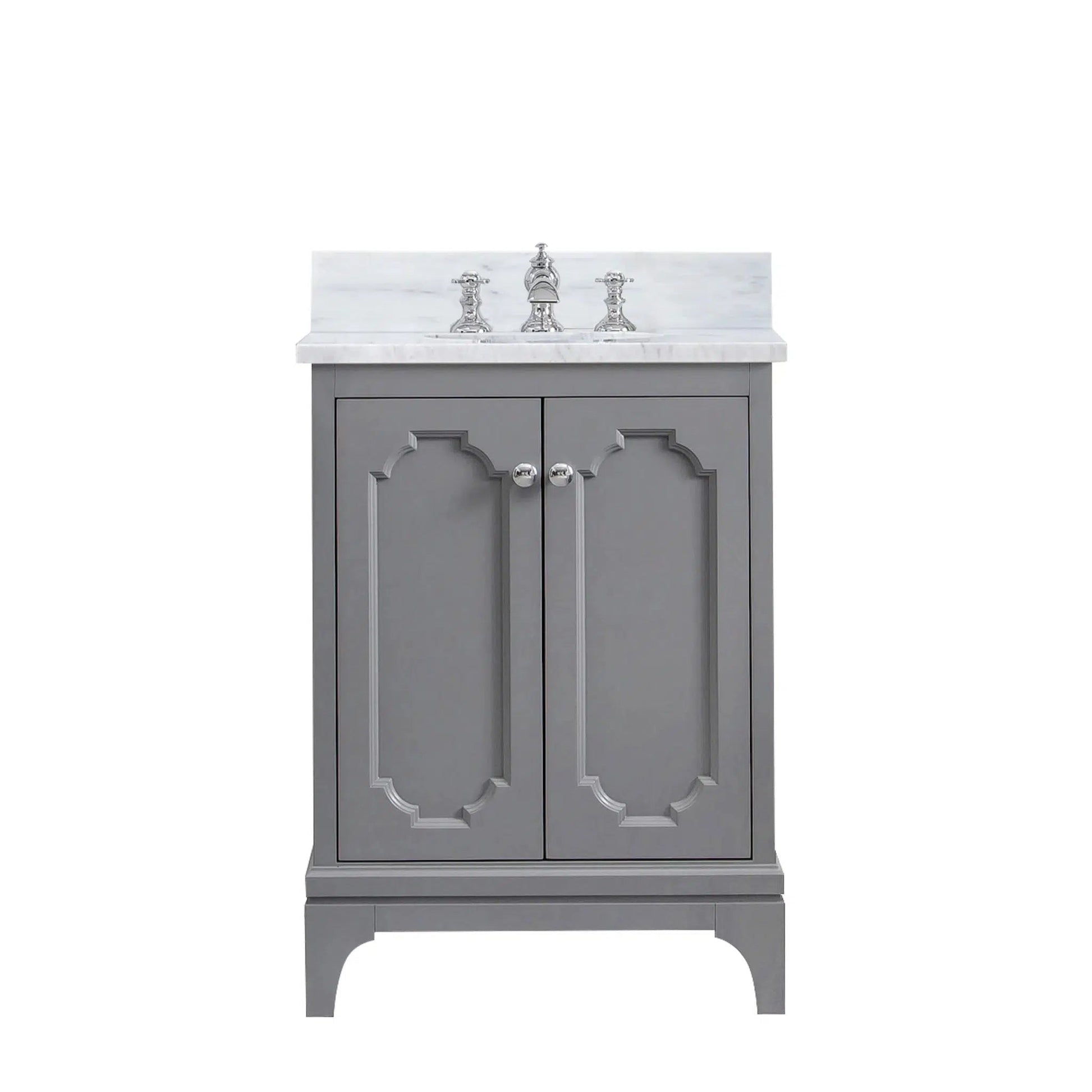 Water Creation Queen 24" Single Sink Carrara White Marble Countertop Vanity in Cashmere Grey with Waterfall Faucet