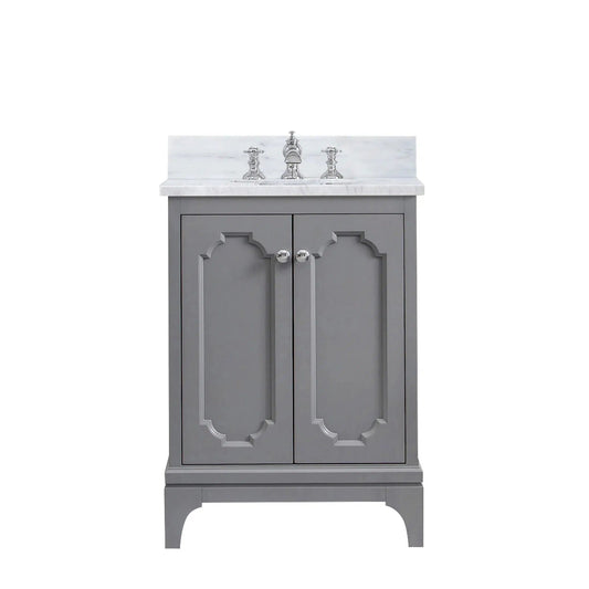 Water Creation Queen 24" Single Sink Carrara White Marble Countertop Vanity in Cashmere Grey with Waterfall Faucet