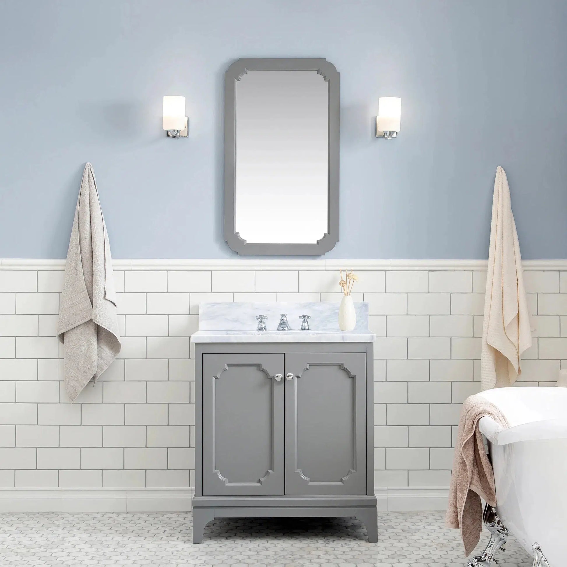 Water Creation Queen 30" Single Sink Carrara White Marble Countertop Vanity in Cashmere Grey with Classic Faucet and Mirror