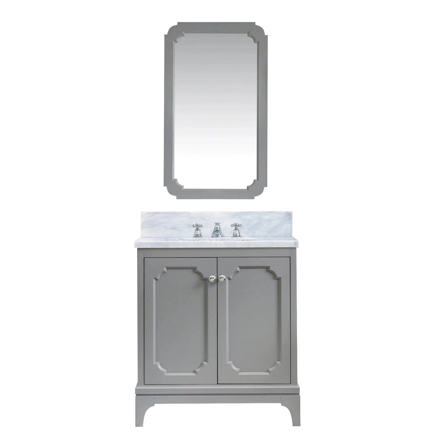 Water Creation Queen 30" Single Sink Carrara White Marble Countertop Vanity in Cashmere Grey with Classic Faucet and Mirror