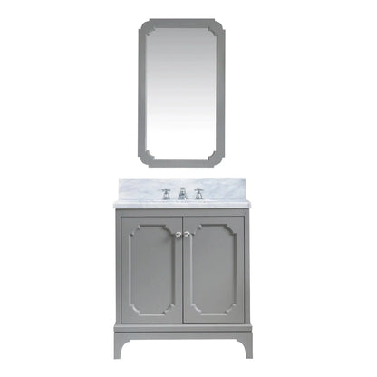 Water Creation Queen 30" Single Sink Carrara White Marble Countertop Vanity in Cashmere Grey with Classic Faucet and Mirror