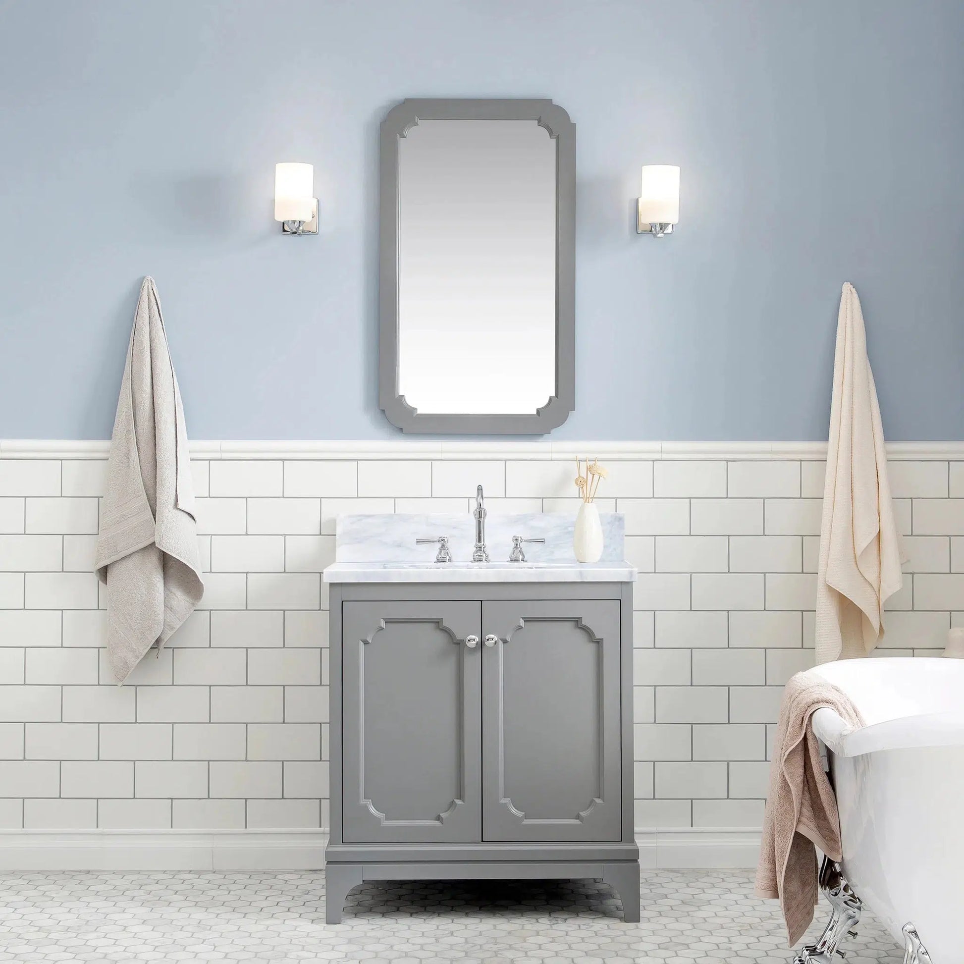 Water Creation Queen 30" Single Sink Carrara White Marble Countertop Vanity in Cashmere Grey with Hook Faucet