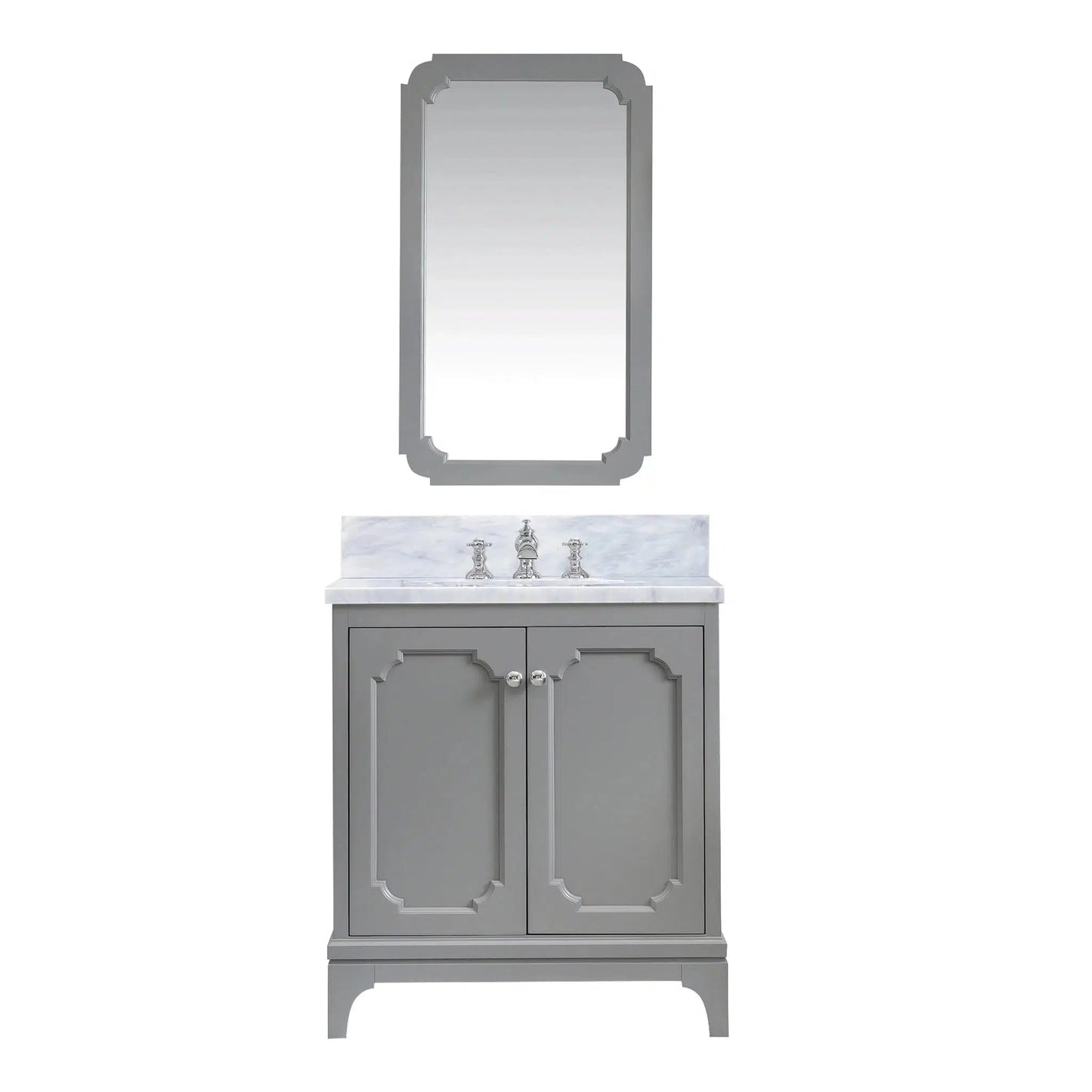 Water Creation Queen 30" Single Sink Carrara White Marble Countertop Vanity in Cashmere Grey with Hook Faucet and Mirror