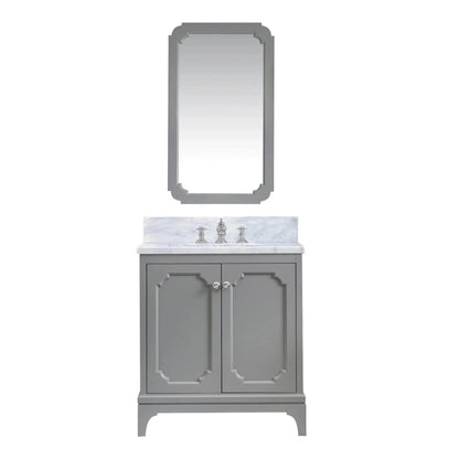 Water Creation Queen 30" Single Sink Carrara White Marble Countertop Vanity in Cashmere Grey with Waterfall Faucet and Mirror