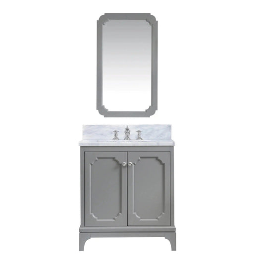 Water Creation Queen 30" Single Sink Carrara White Marble Countertop Vanity in Cashmere Grey with Waterfall Faucet and Mirror