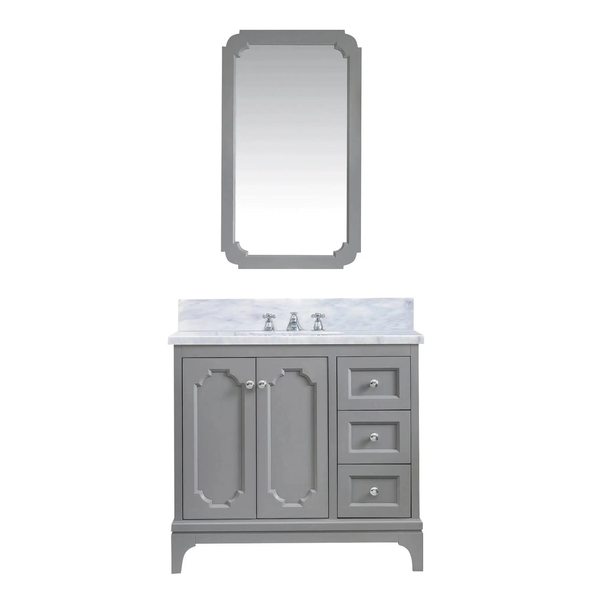 Water Creation Queen 36" Single Sink Carrara White Marble Countertop Vanity in Cashmere Grey with Classic Faucet and Mirror