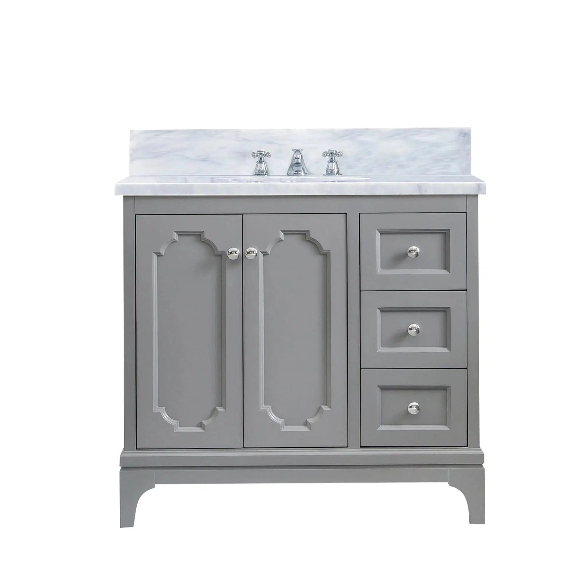 Water Creation Queen 36" Single Sink Carrara White Marble Countertop Vanity in Cashmere Grey with Classic Faucet